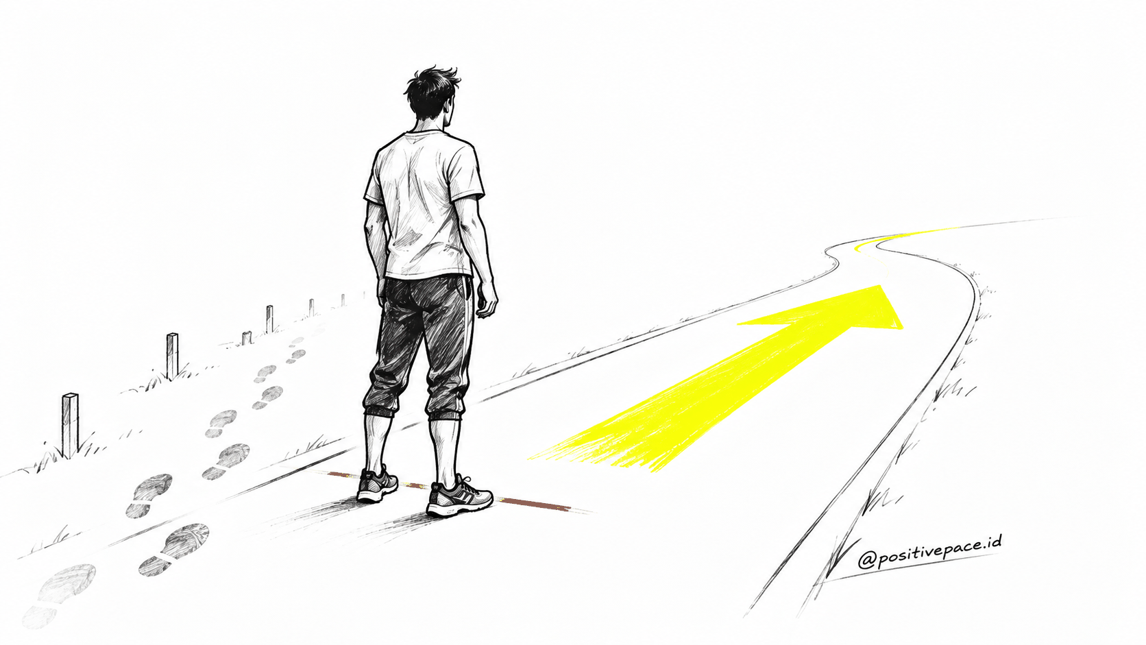 Ilustrasi orang berdiri di awal jalur dengan jejak kaki di belakang dan panah kuning menunjuk ke depan